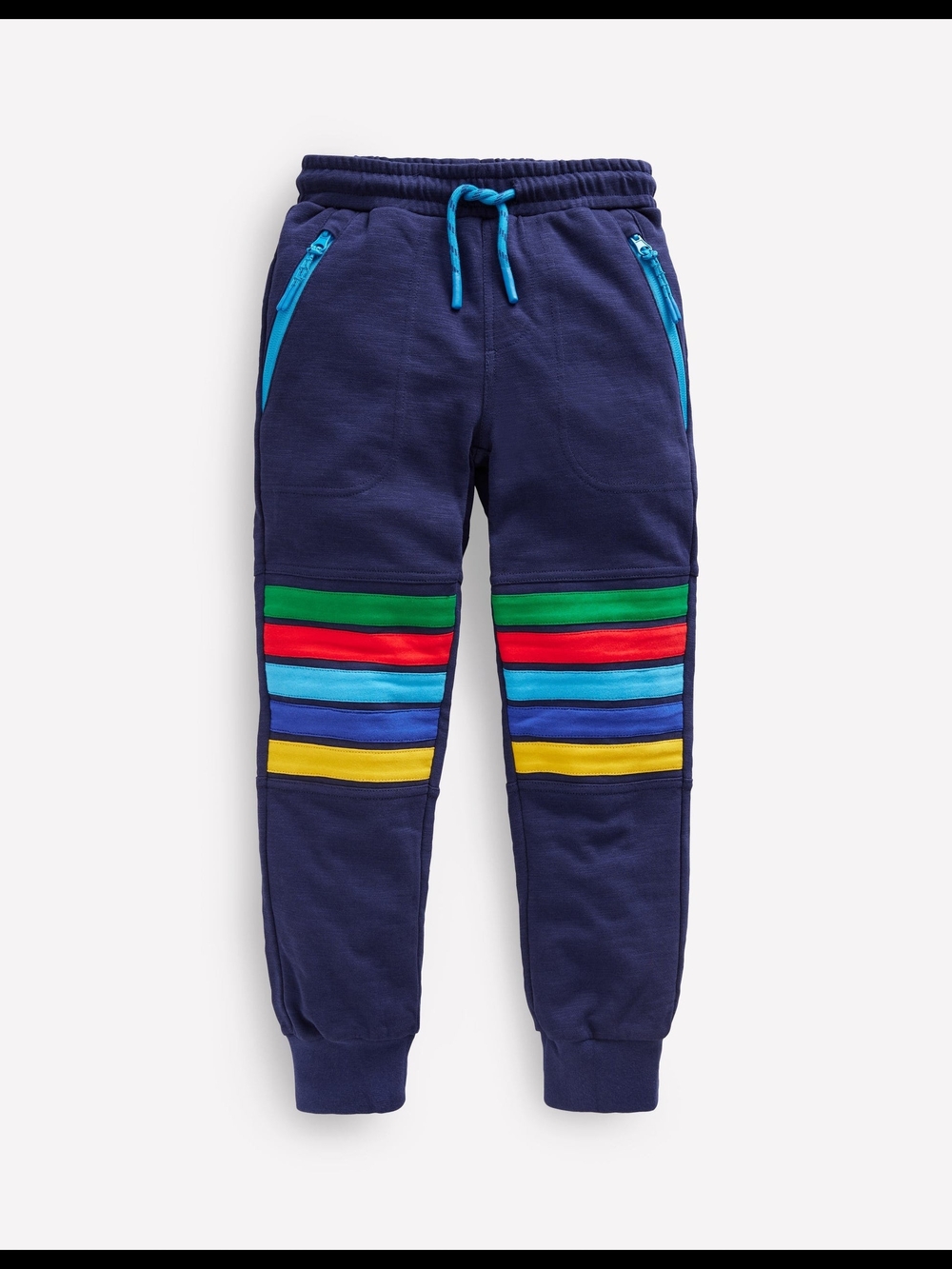 Mini Boden Navy Sweatpants with Bright Multi-Color Knee Stripes
